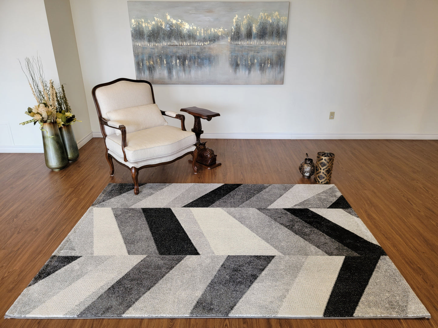Diamond Geometric Area Rug. Black, Ash Gray, and Metallic Gray