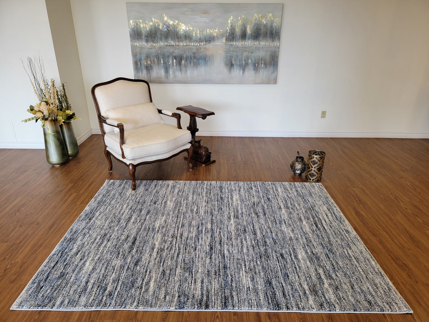 Diamond Art Abstract Area Rug. Ash Gray, Cobalt Blue, and White
