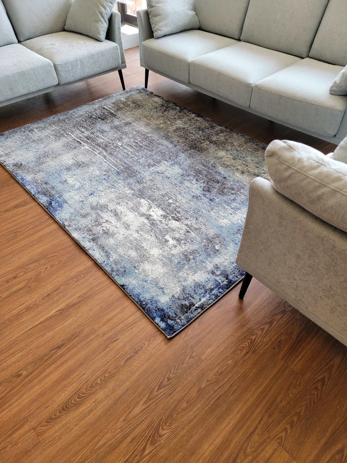 Diamond Abstract Area Rug. Gray, Ocean Blue, and White