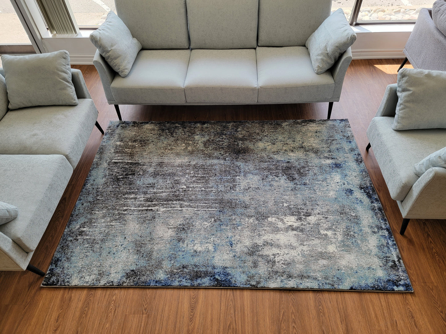 Diamond Abstract Area Rug. Gray, Ocean Blue, and White