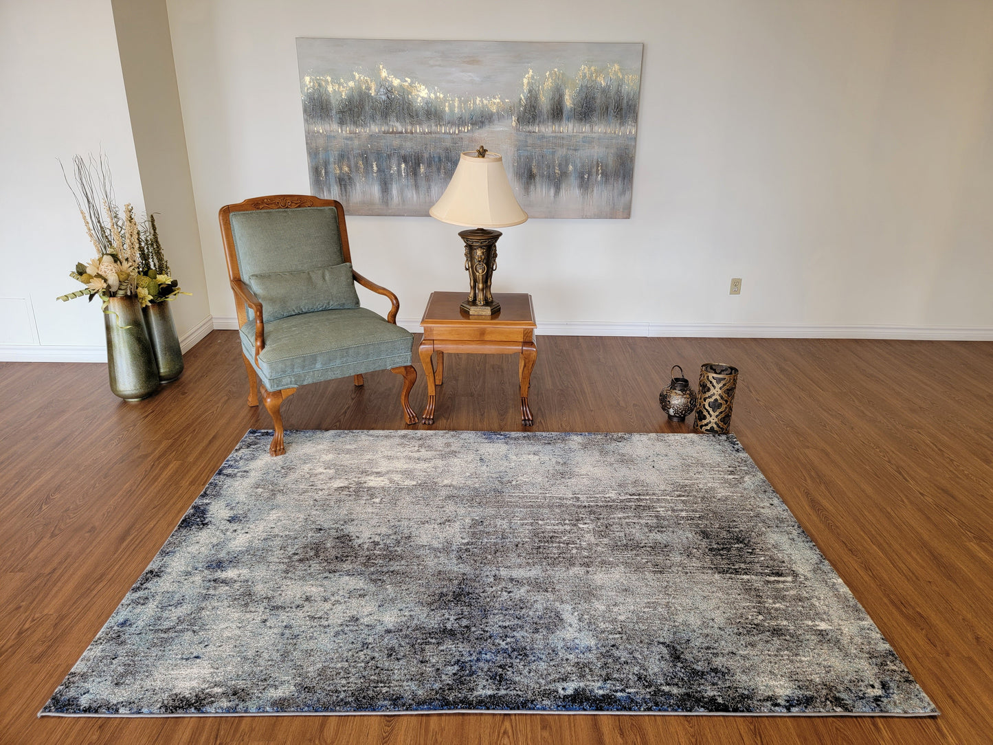 Diamond Abstract Area Rug. Gray, Ocean Blue, and White