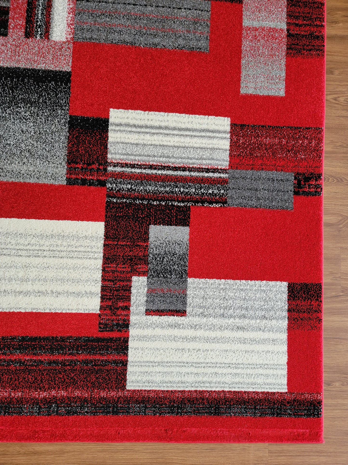 Diamond Art Geometric Area Rug. Scarlet Red, Gray, and Black