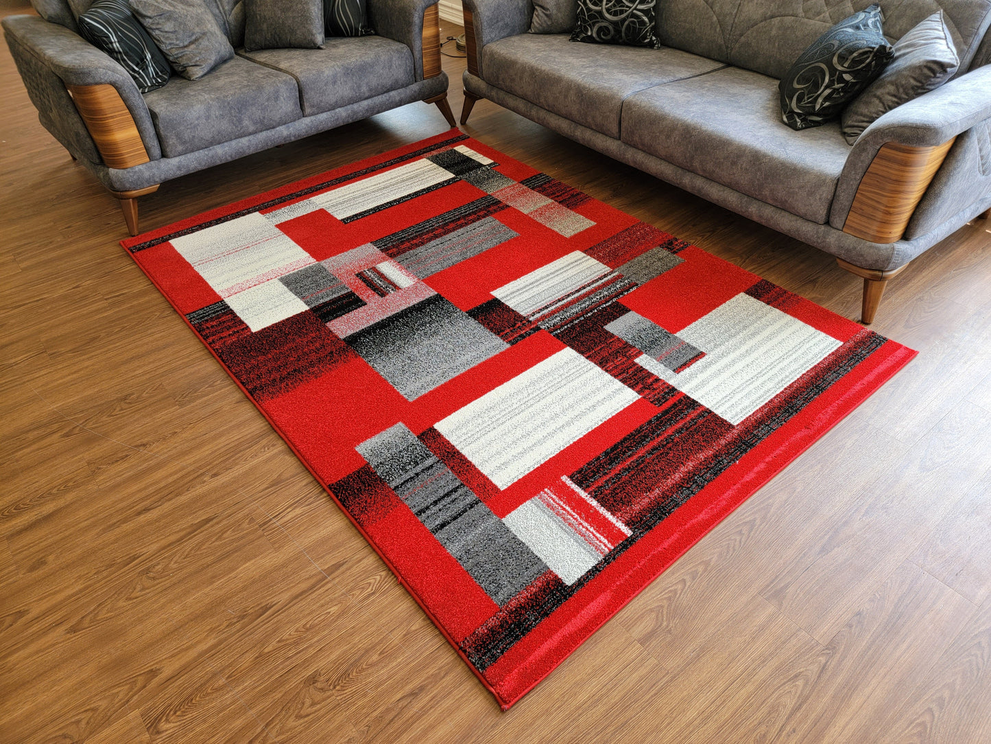 Diamond Art Geometric Area Rug. Scarlet Red, Gray, and Black