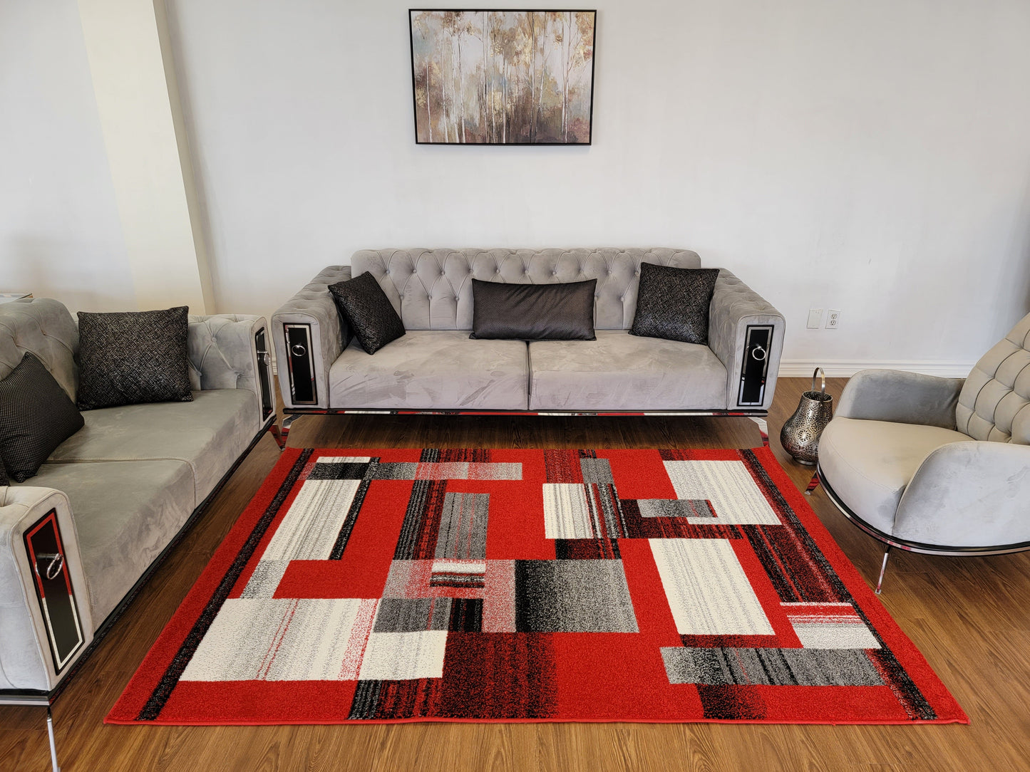Diamond Art Geometric Area Rug. Scarlet Red, Gray, and Black