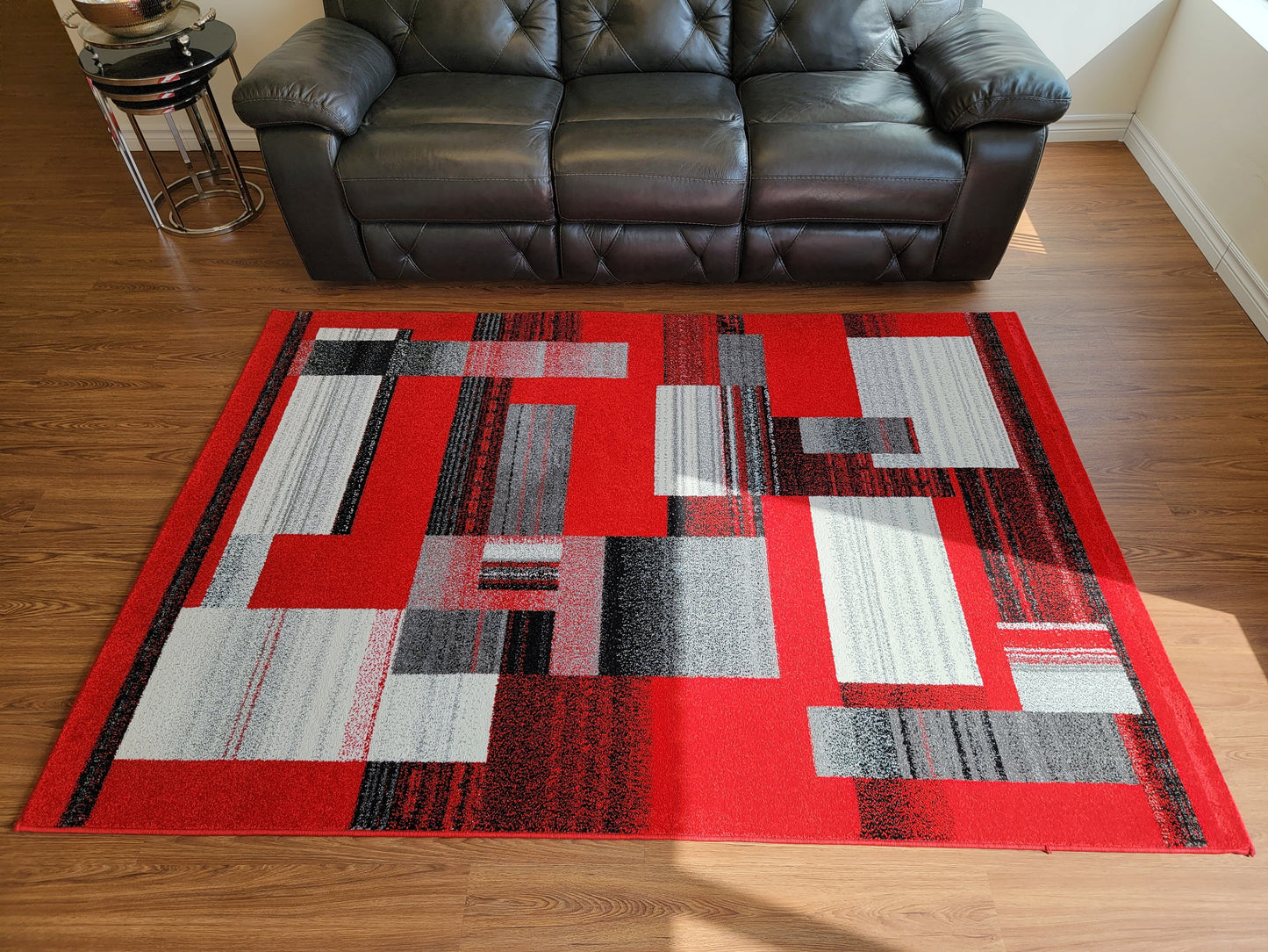 Diamond Art Geometric Area Rug. Scarlet Red, Gray, and Black