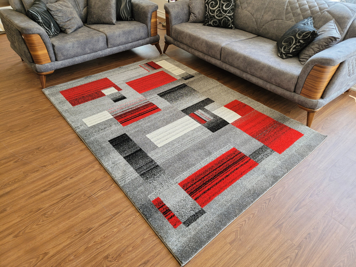 Diamond Art Geometric Area Rug. Ash Gray, Dim Gray, and Scarlet Red