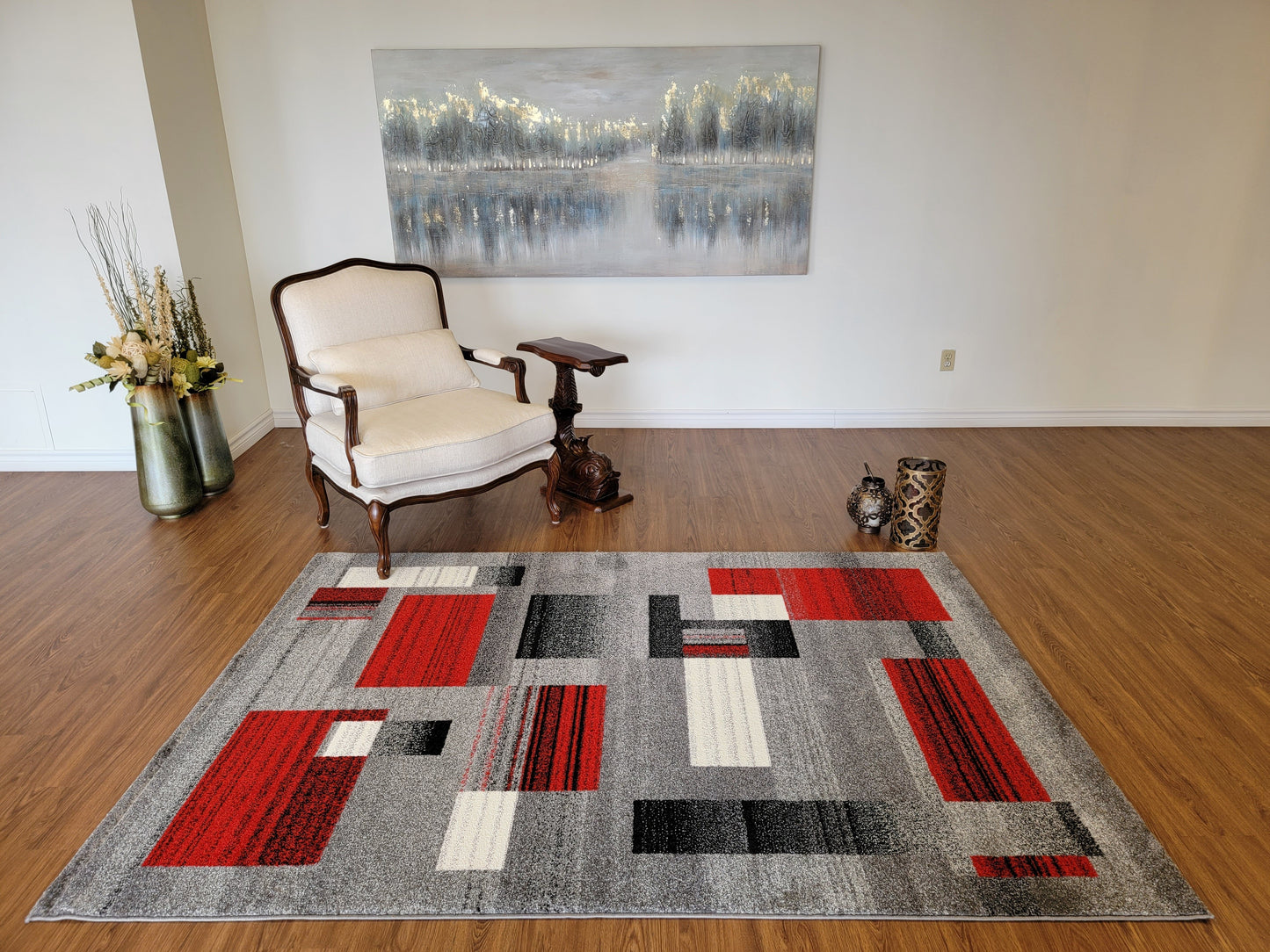 Diamond Art Geometric Area Rug. Ash Gray, Dim Gray, and Scarlet Red