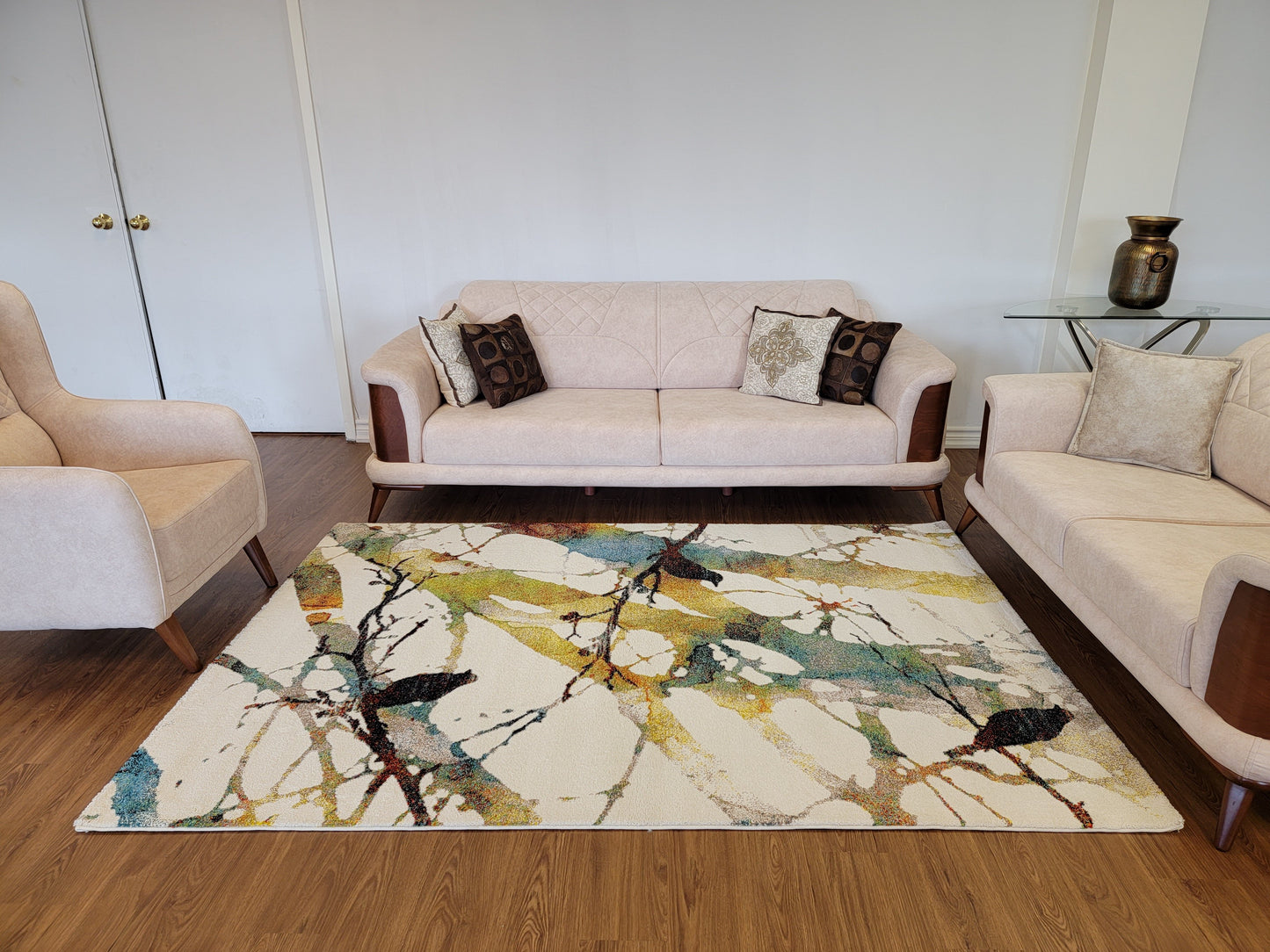 Diamond Art Abstract Area Rug. Cream, Green, and Teal