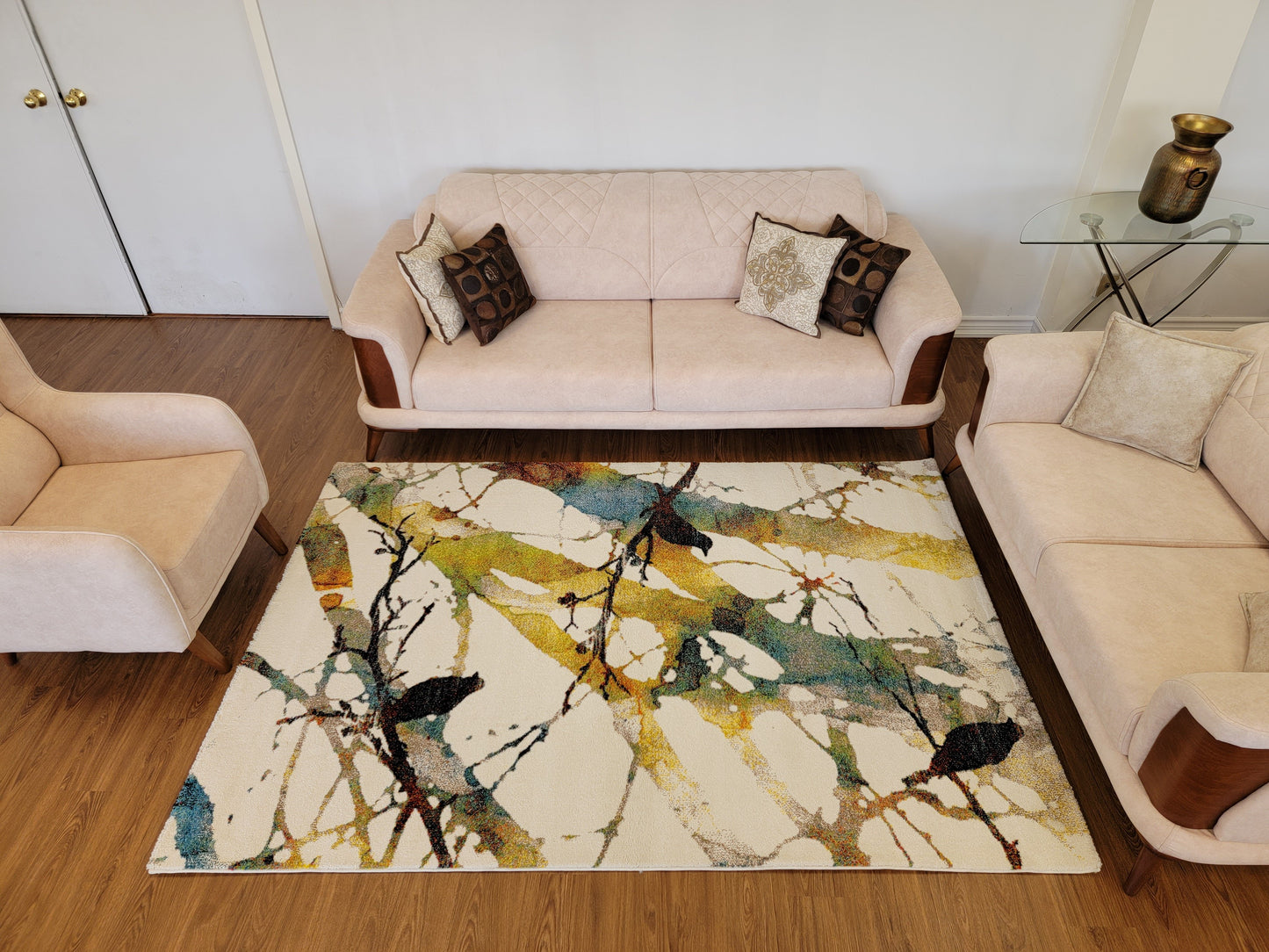 Diamond Art Abstract Area Rug. Cream, Green, and Teal