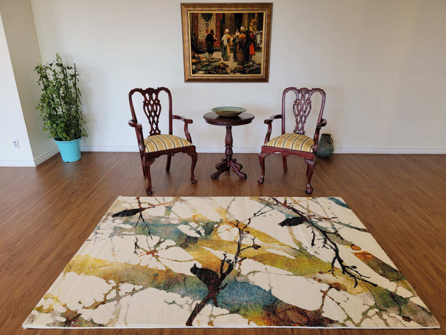 Diamond Art Abstract Area Rug. Cream, Green, and Teal