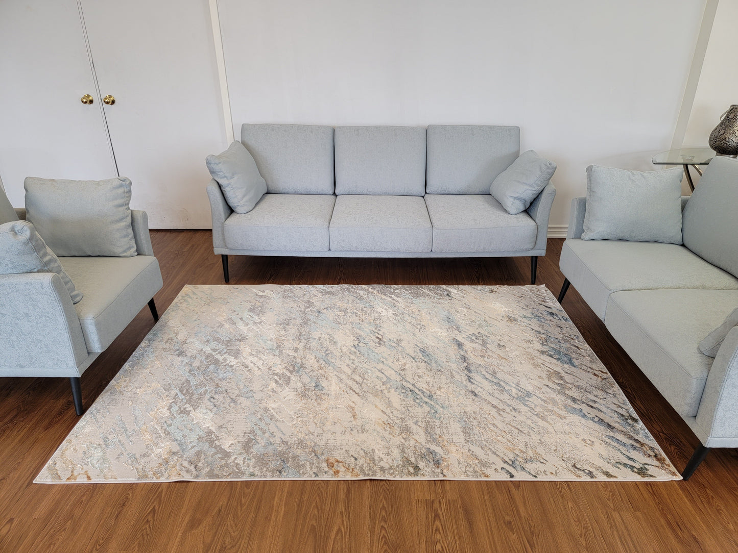Emojy Abstract Area Rug. Gray, Blue, and Copper