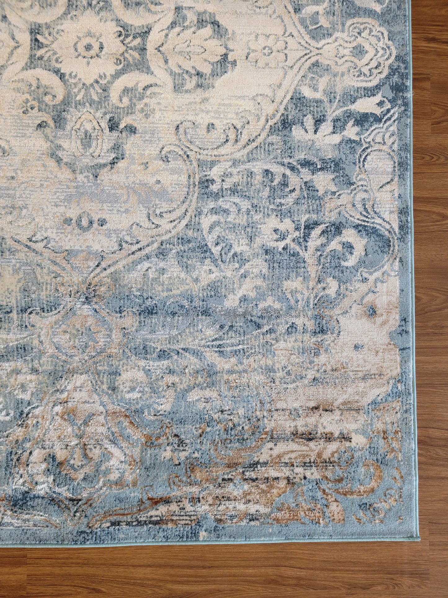 Emojy Modern Traditional Area Rug. Cream, Tan Brown, and Blue
