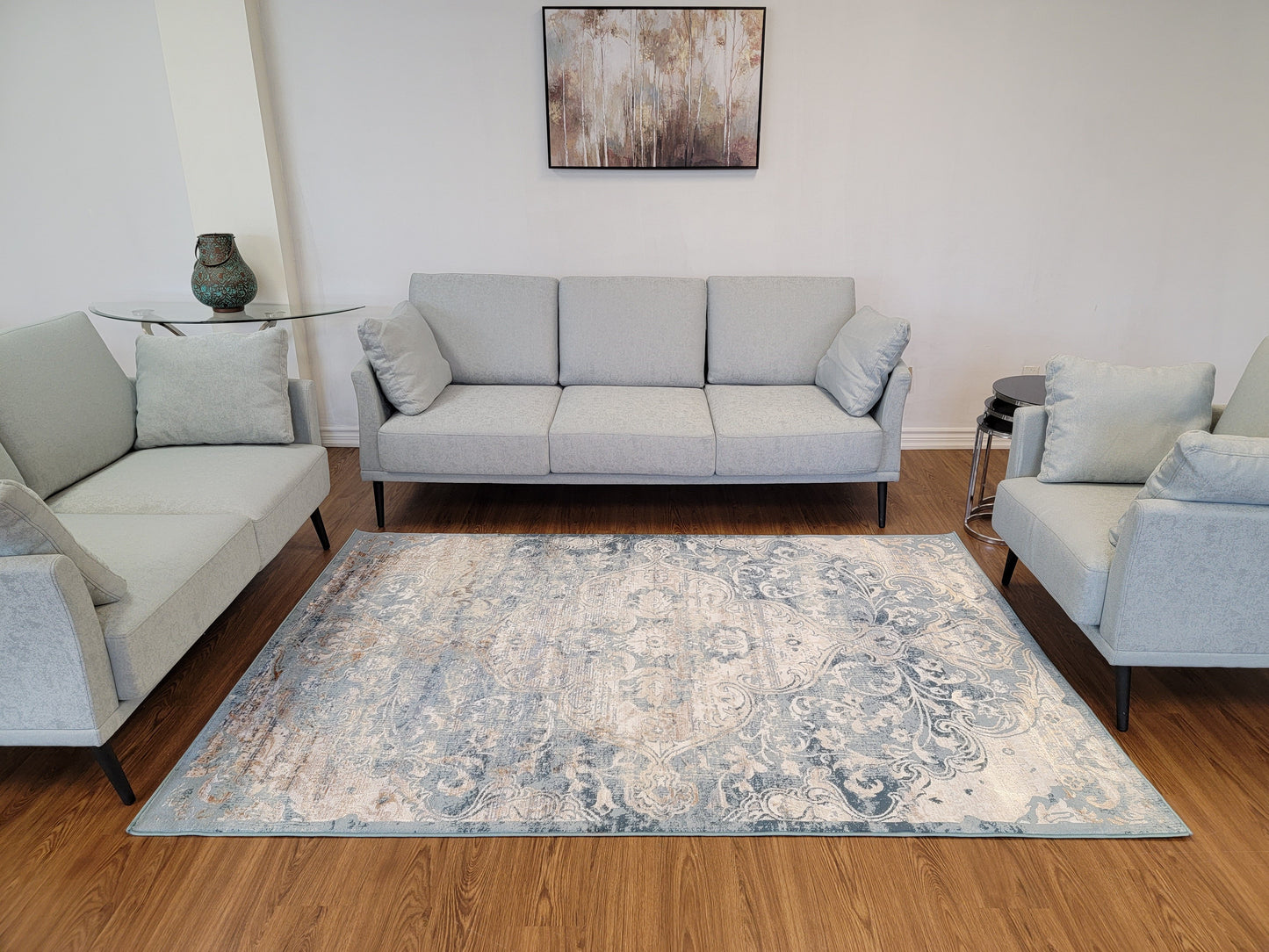 Emojy Modern Traditional Area Rug. Cream, Tan Brown, and Blue