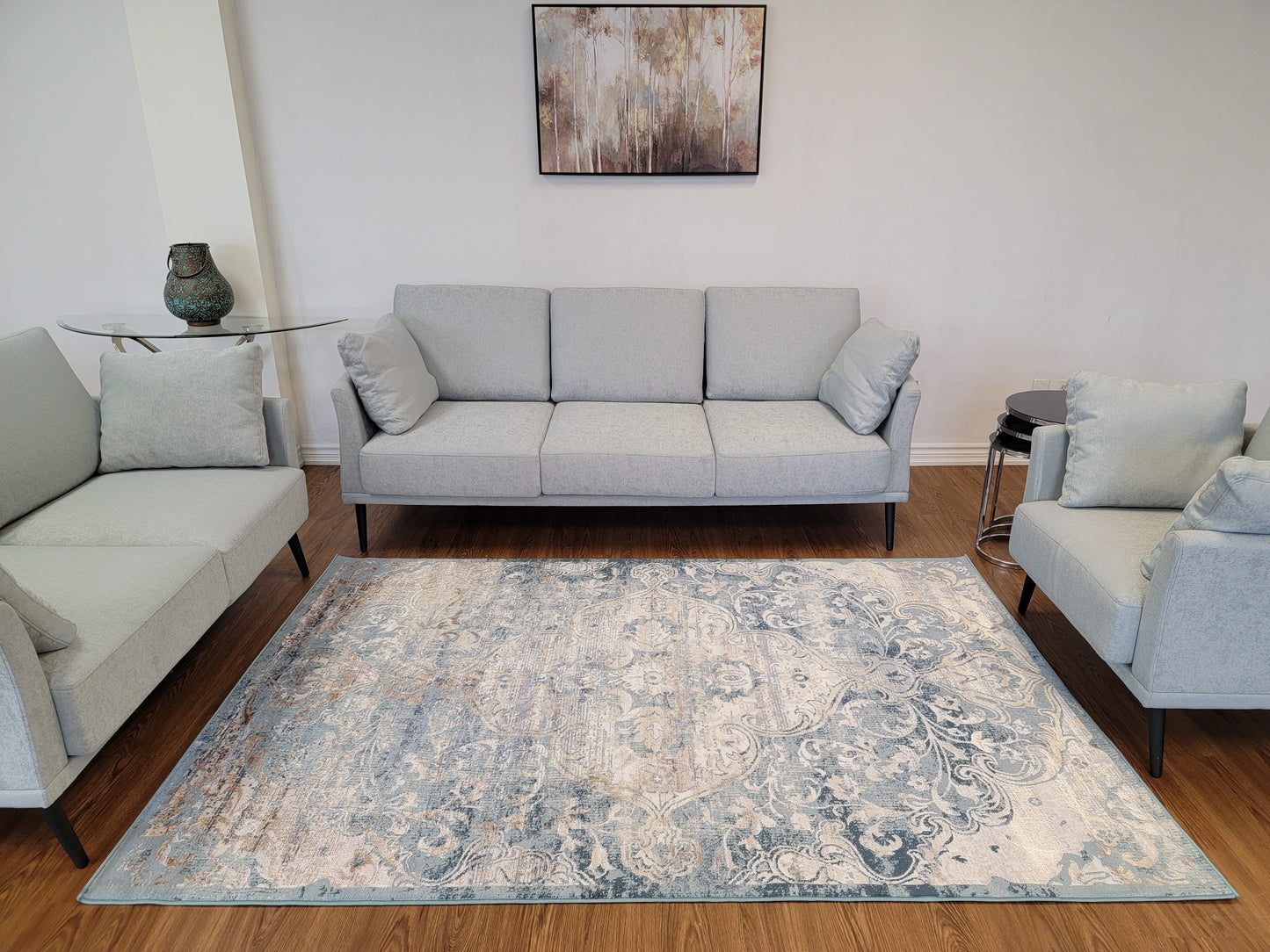Emojy Modern Traditional Area Rug. Cream, Tan Brown, and Blue