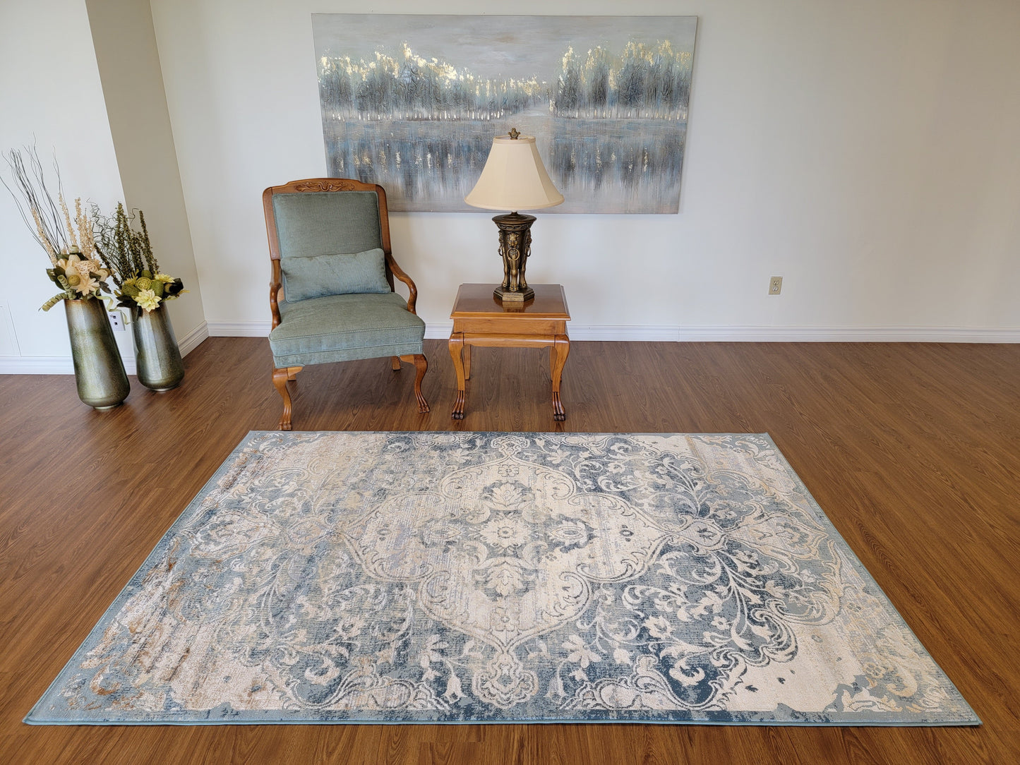Emojy Modern Traditional Area Rug. Cream, Tan Brown, and Blue