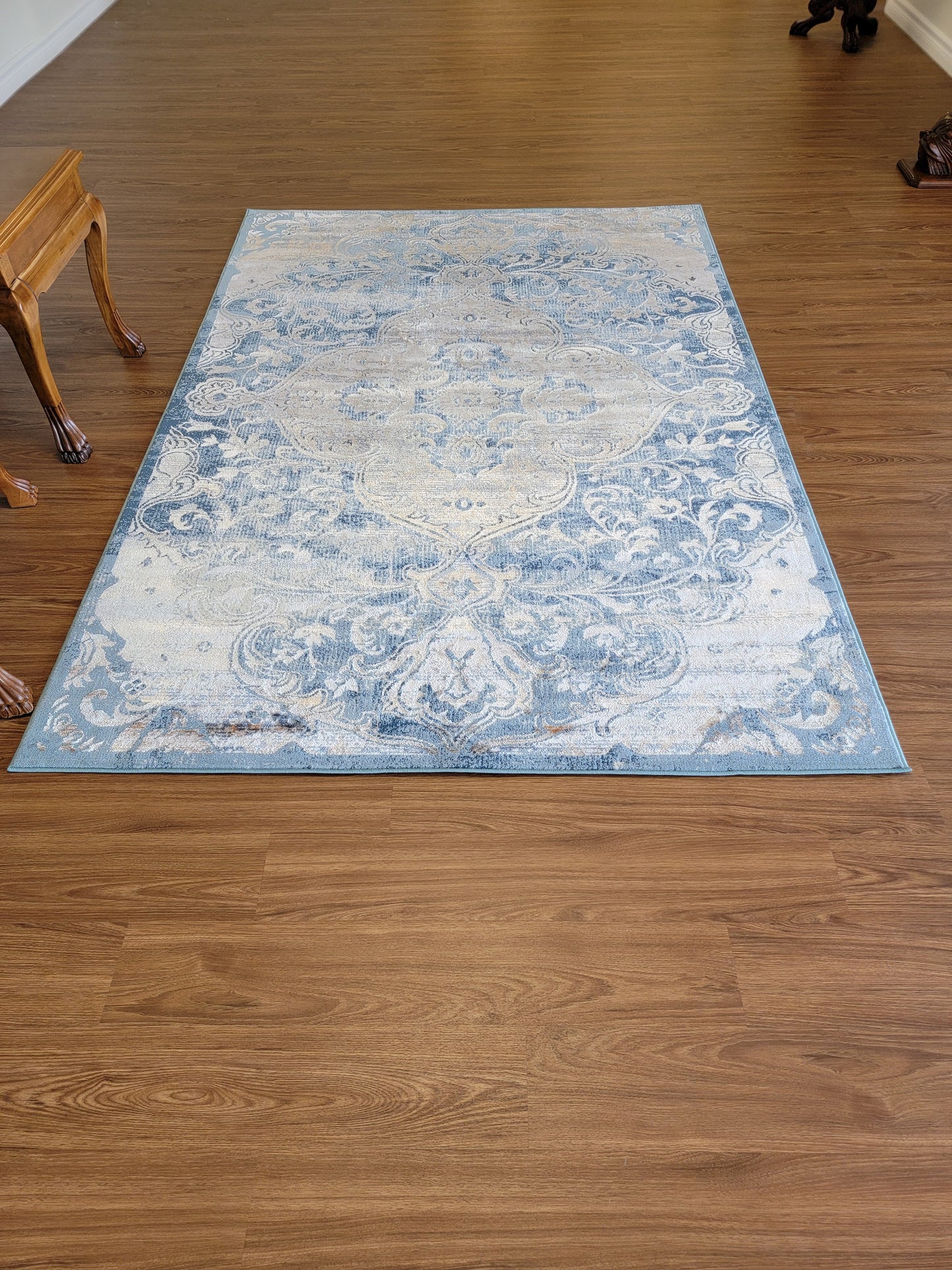 Emojy Modern Traditional Area Rug. Cream, Tan Brown, and Blue