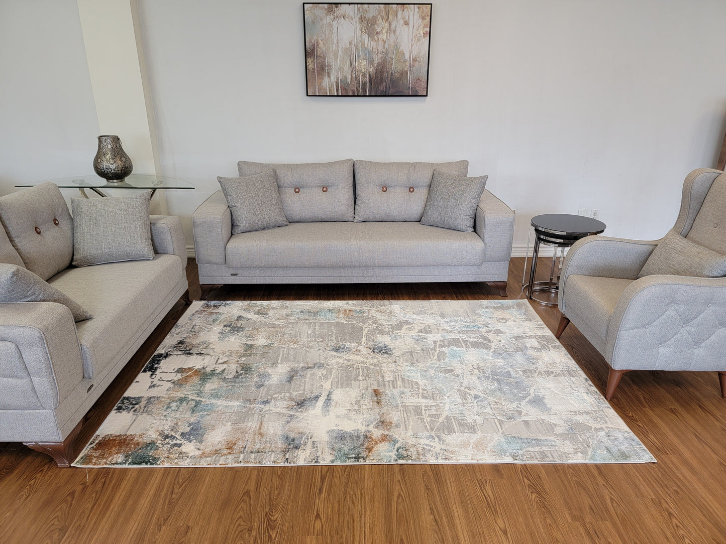 Emojy Abstract Area Rug. Beige, Brown, and Blue