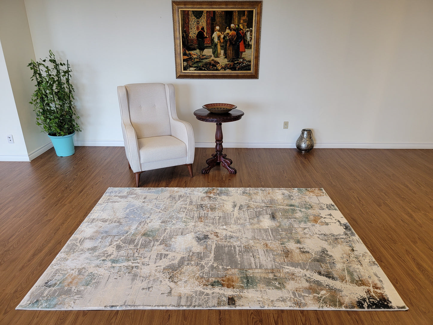 Emojy Abstract Area Rug. Beige, Brown, and Blue