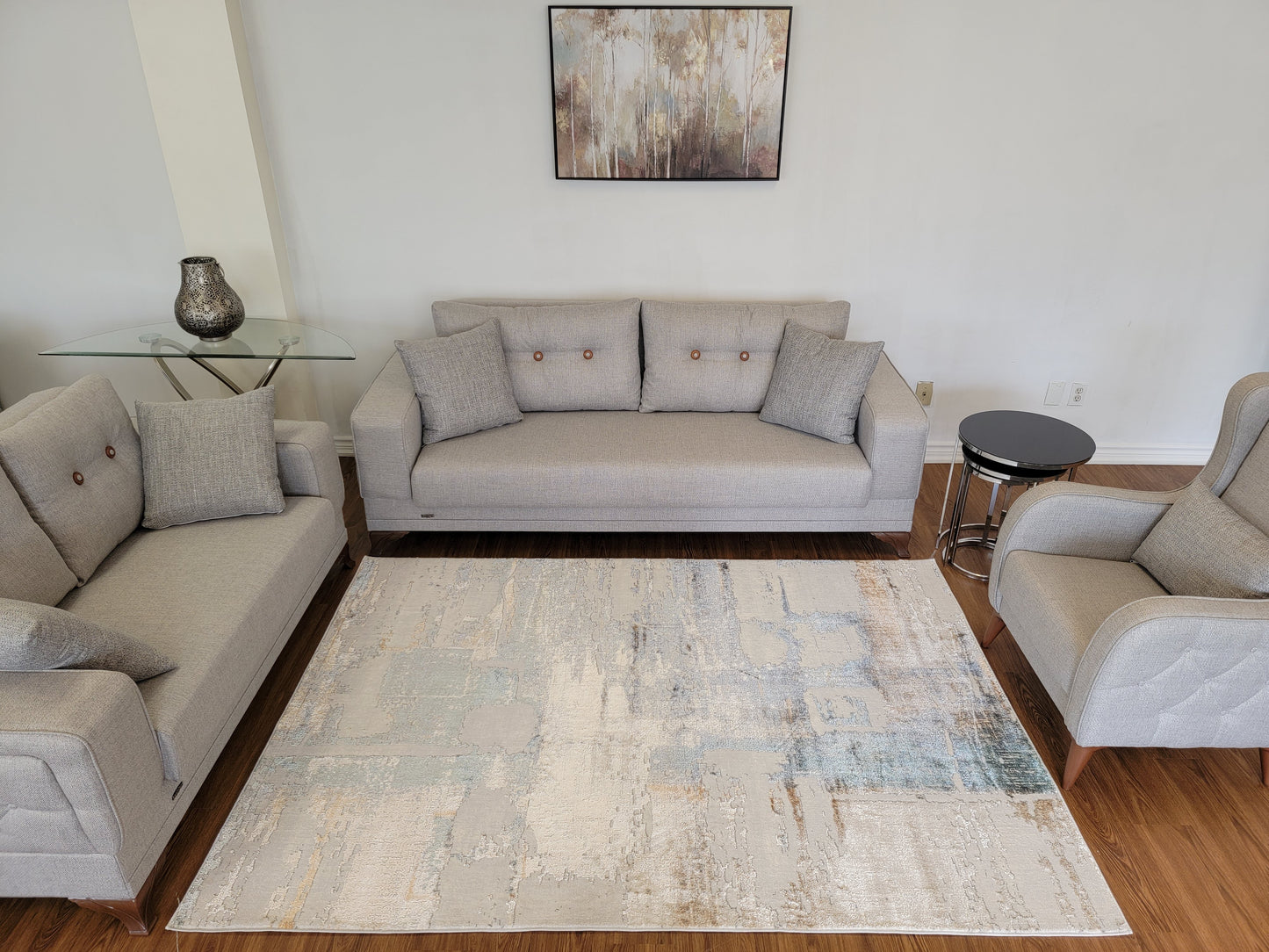 Emojy Abstract Area Rug. Cream, Ash Gray, and Light Brown