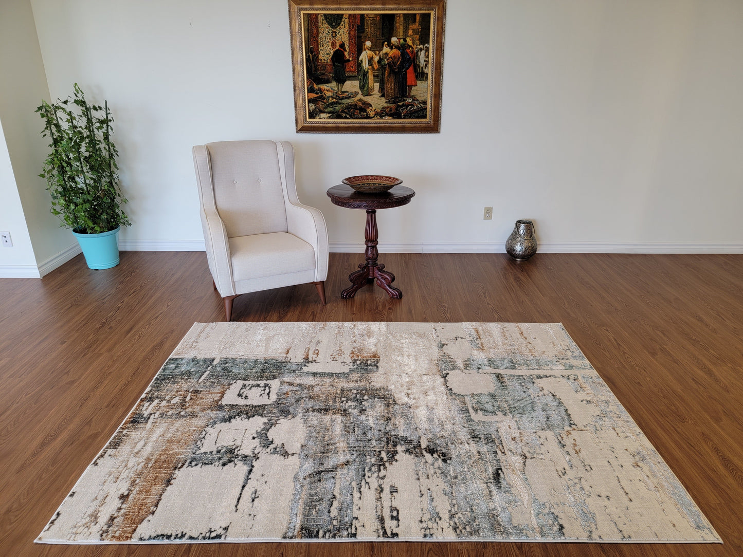 Emojy Abstract Area Rug. Cream, Ash Gray, and Light Brown