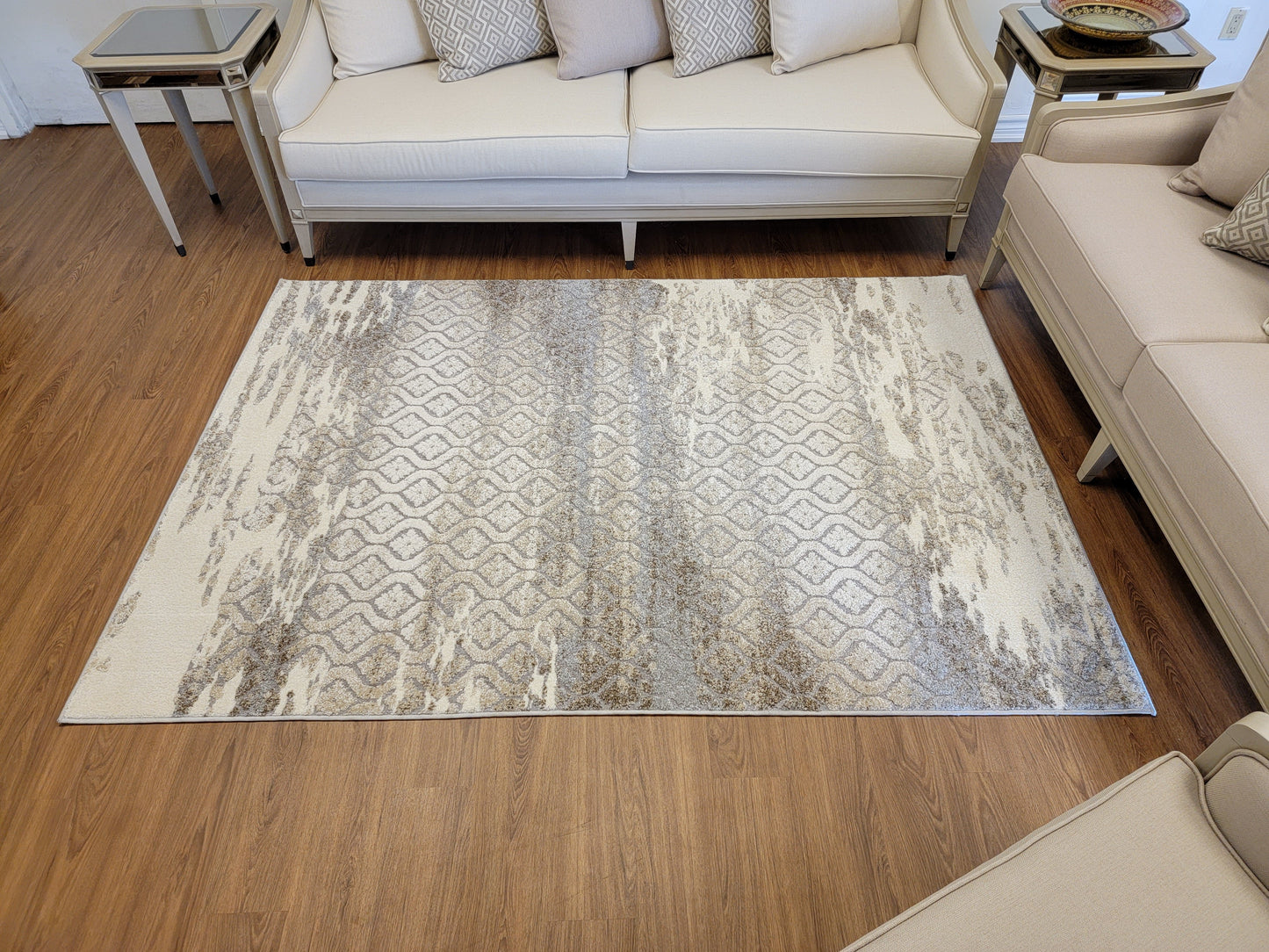 Ibiza Geometric Area Rug. Ivory, Brown, and Blue-Gray