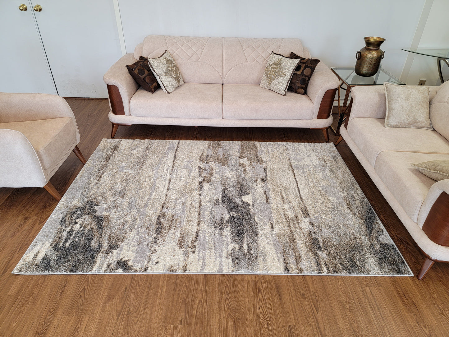 Ibiza Abstract Area Rug. Beige, Brown, and Silver