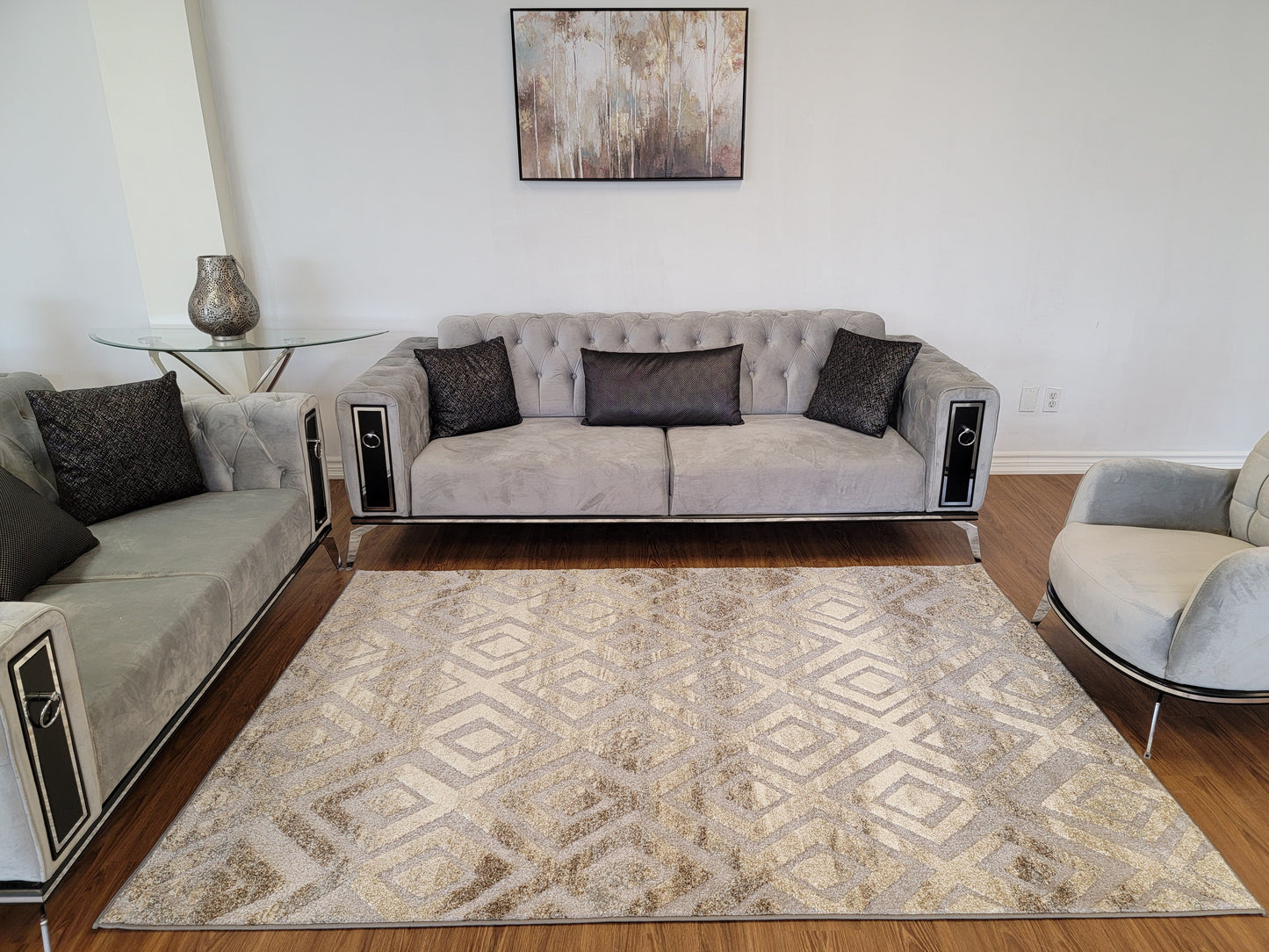 Ibiza Geometric Area Rug. Ivory,  Brown, and Platinum