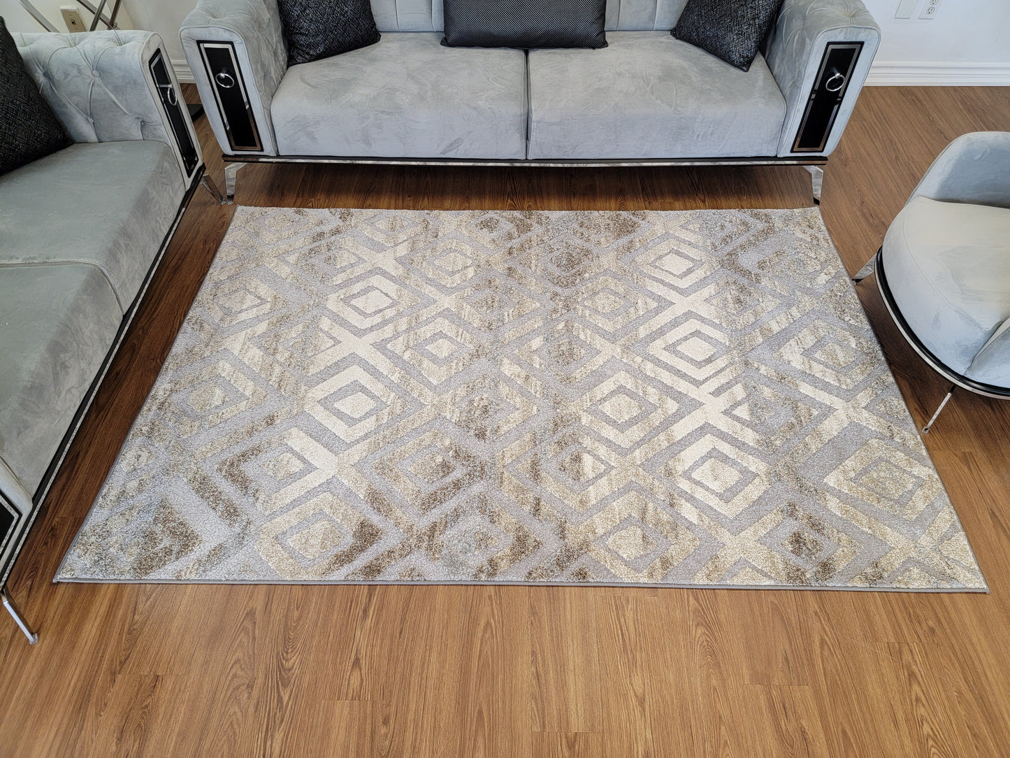 Ibiza Geometric Area Rug. Ivory,  Brown, and Platinum
