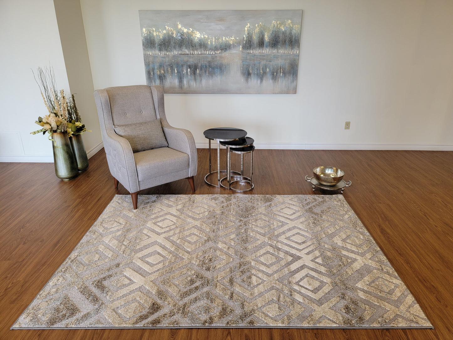 Ibiza Geometric Area Rug. Ivory,  Brown, and Platinum