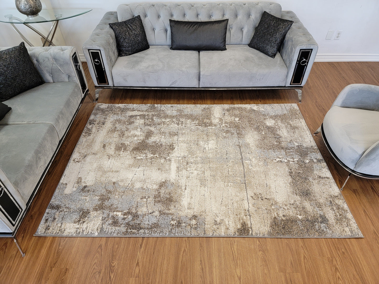 Ibiza Abstract Area Rug. Ivory, Sandy Brown, and Gray