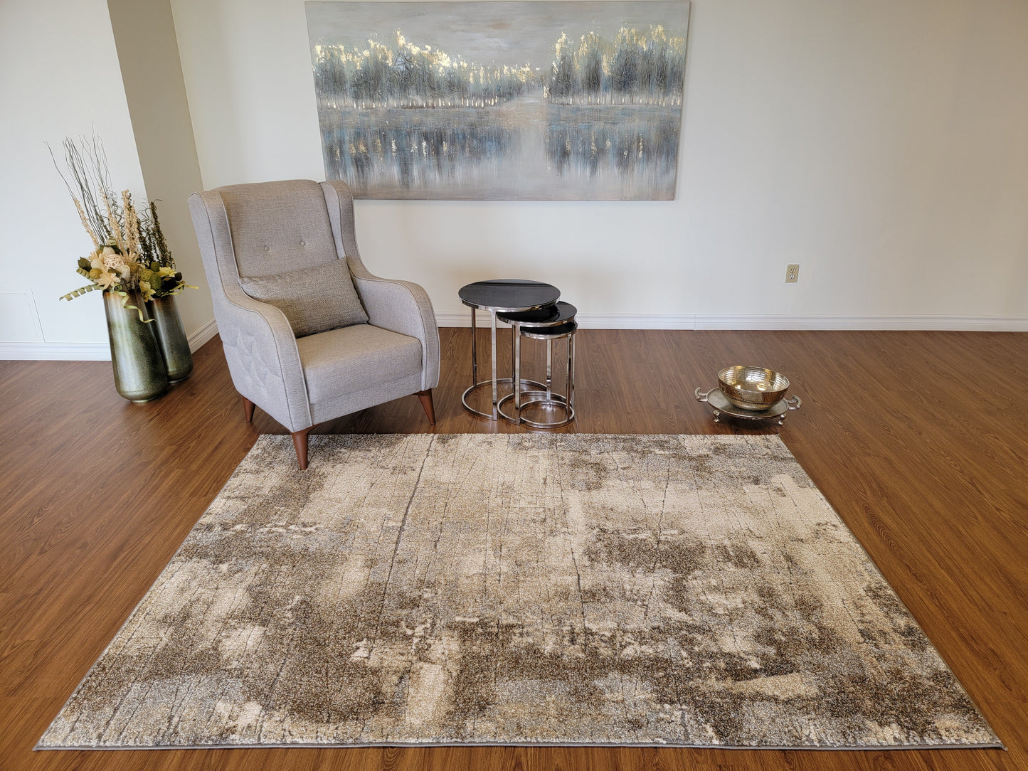Ibiza Abstract Area Rug. Ivory, Sandy Brown, and Gray