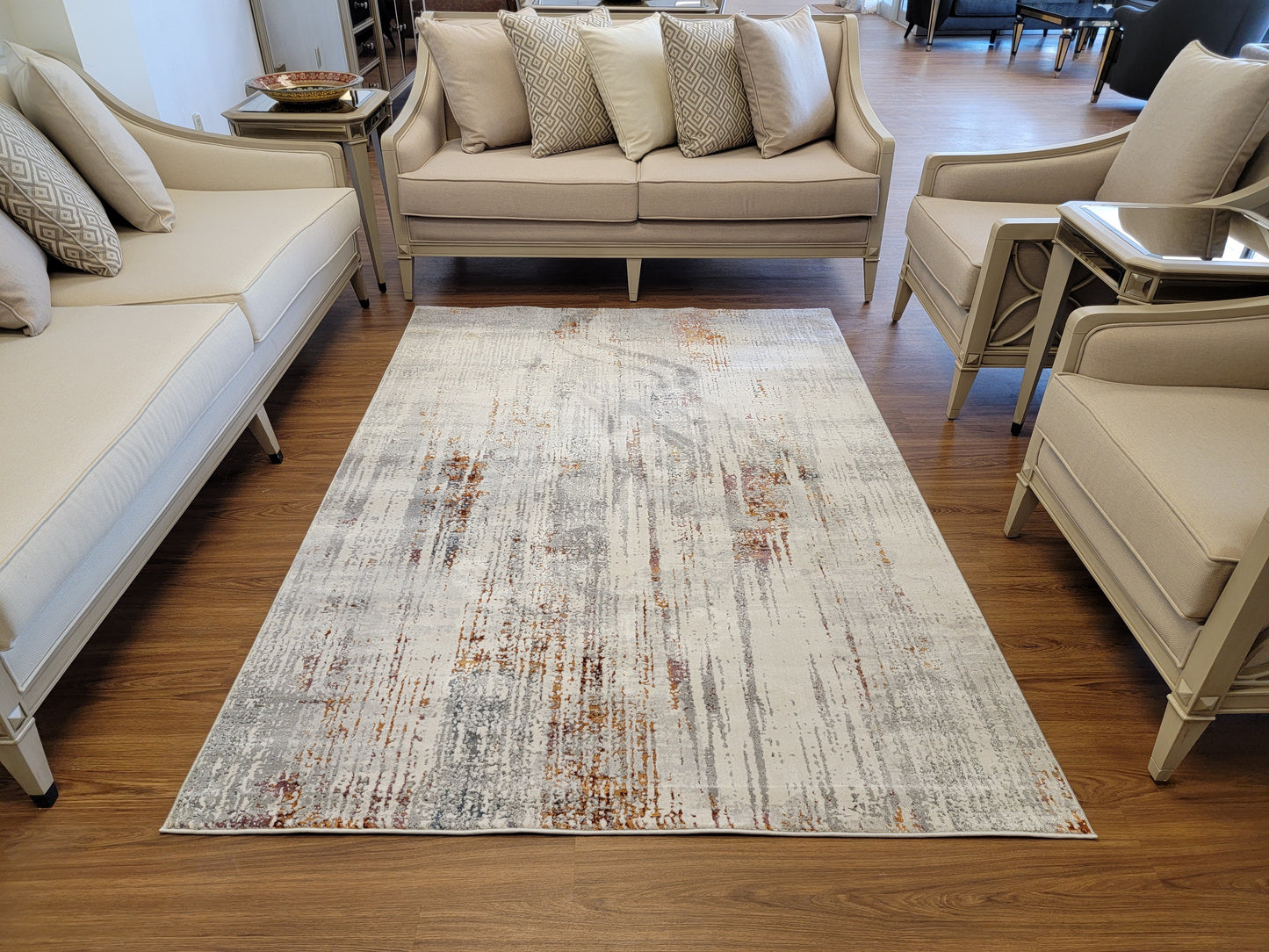 LaDome Abstract Area Rug. White and Light Gray with Lilac and Gold Touches