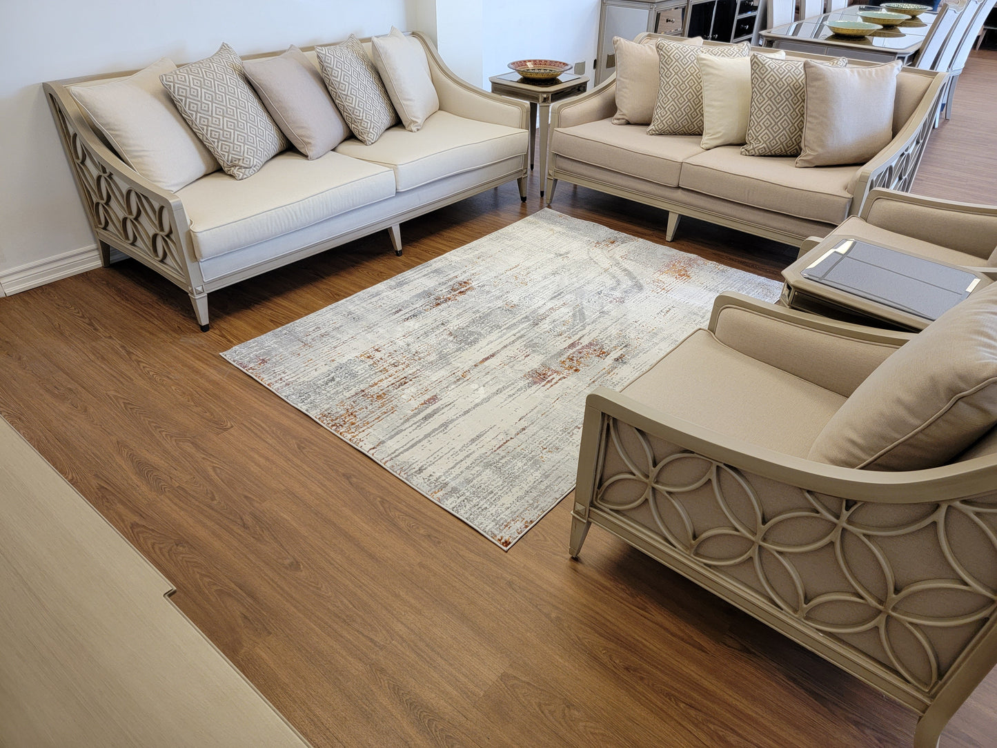 LaDome Abstract Area Rug. White and Light Gray with Lilac and Gold Touches