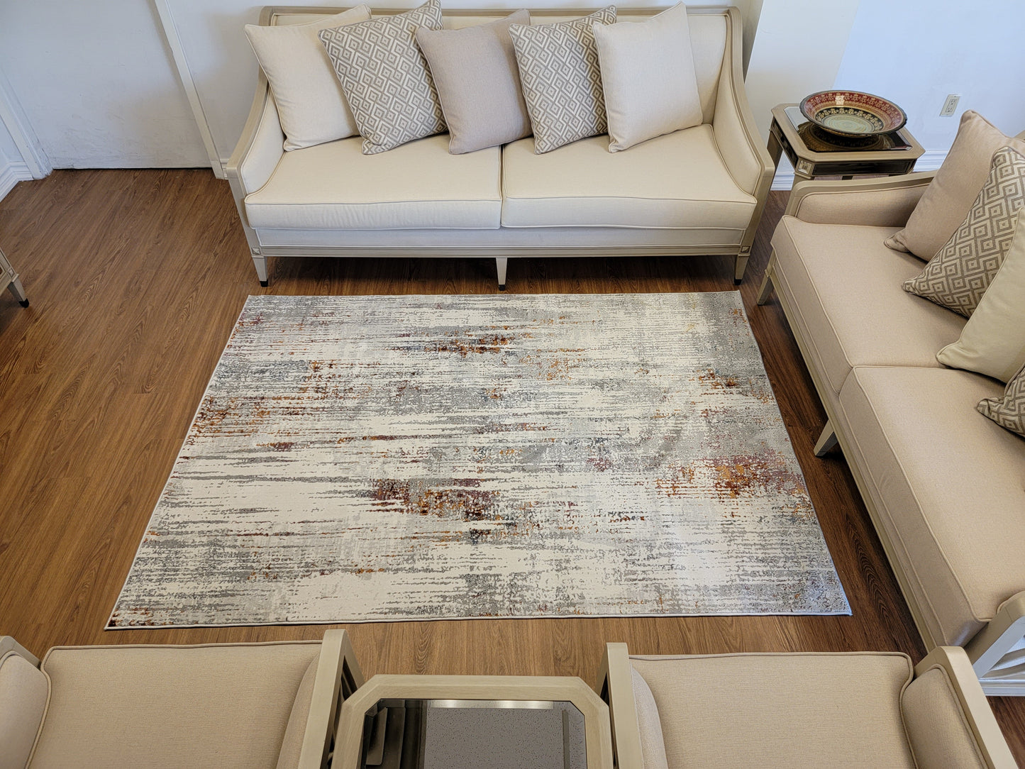 LaDome Abstract Area Rug. White and Light Gray with Lilac and Gold Touches