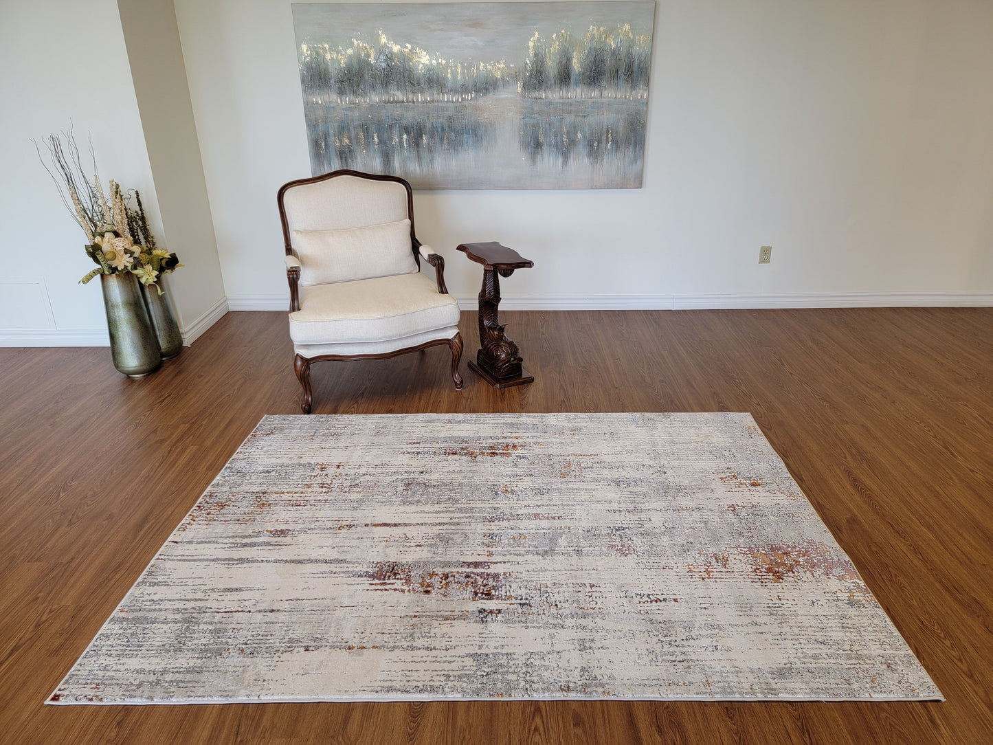 LaDome Abstract Area Rug. White and Light Gray with Lilac and Gold Touches