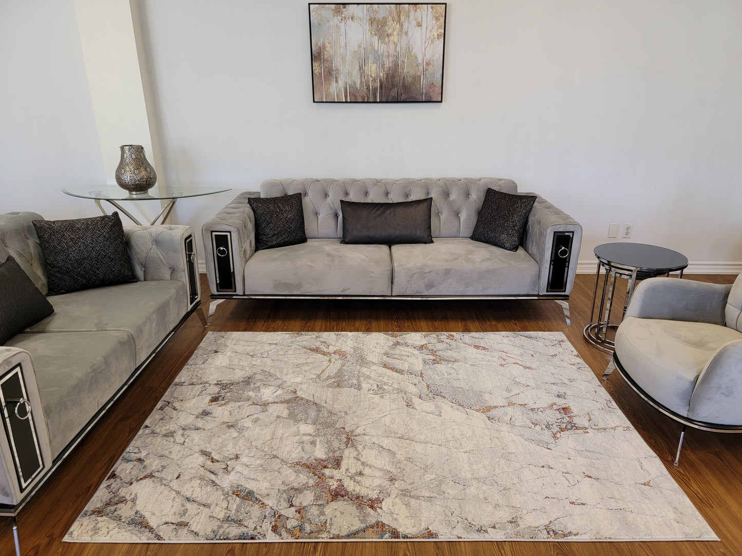 LaDome Abstract Area Rug. Platinum, Slate Gray, and Copper
