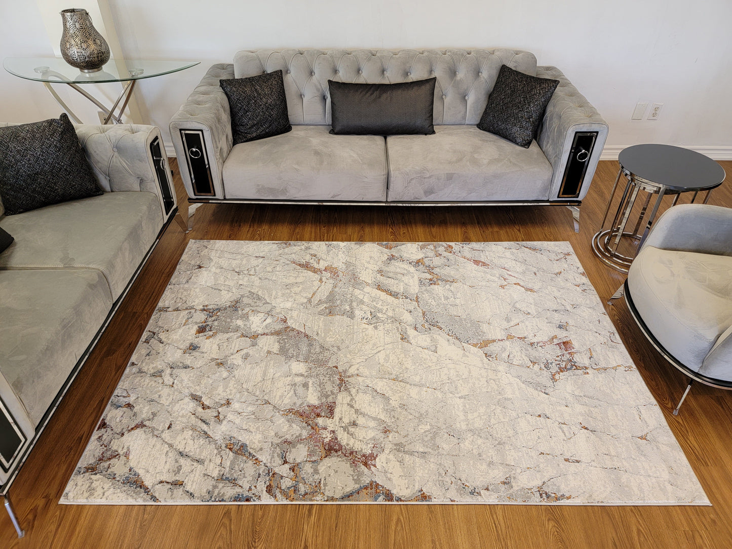 LaDome Abstract Area Rug. Platinum, Slate Gray, and Copper