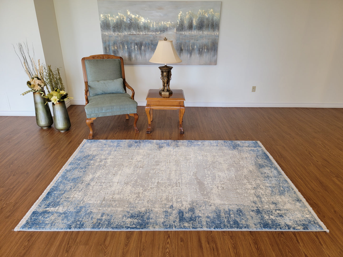 Maxim Abstract Area Rug. White, Platinum, and Cobalt Blue