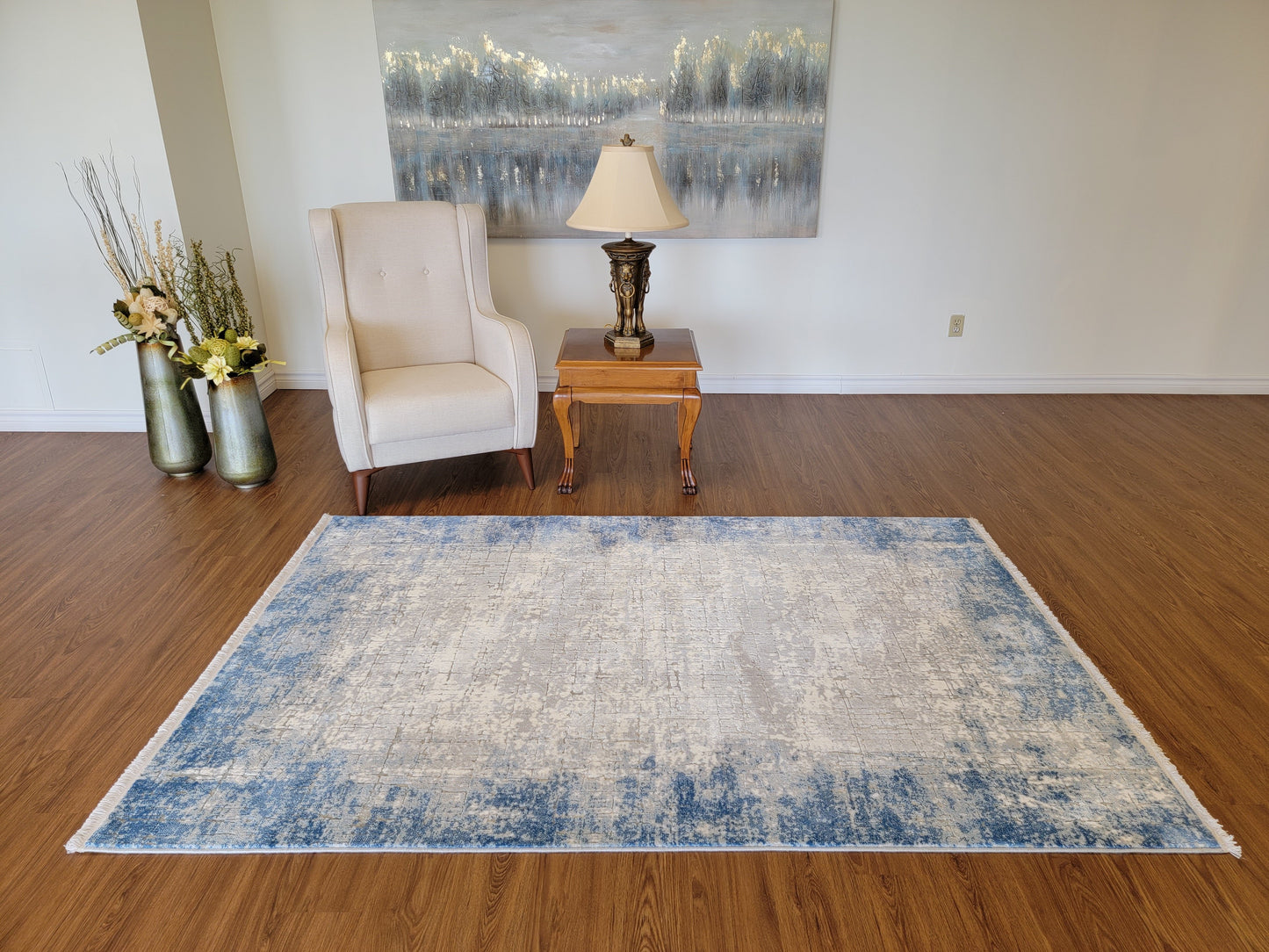 Maxim Abstract Area Rug. White, Platinum, and Cobalt Blue