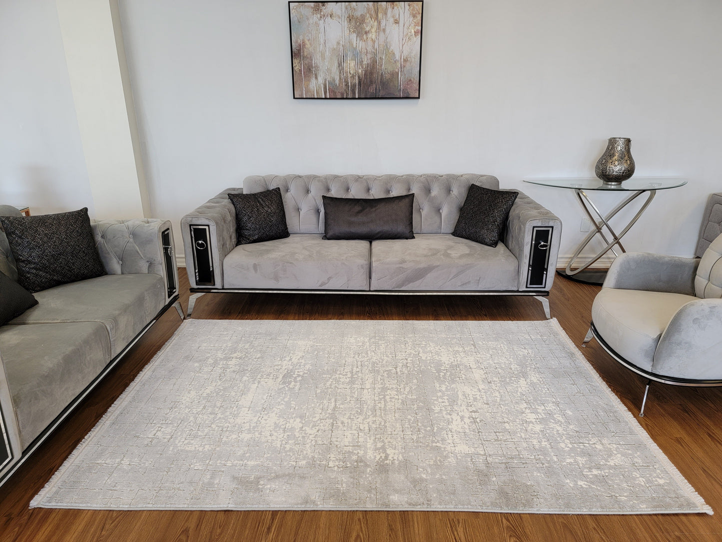Maxim Abstract Area Rug. White, Platinum, and Ash Gray