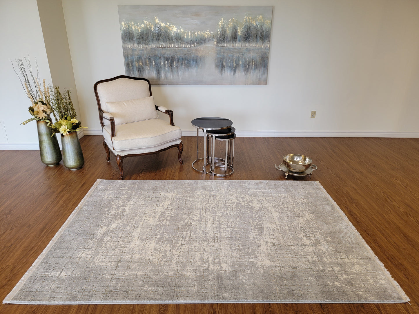 Maxim Abstract Area Rug. White, Platinum, and Ash Gray