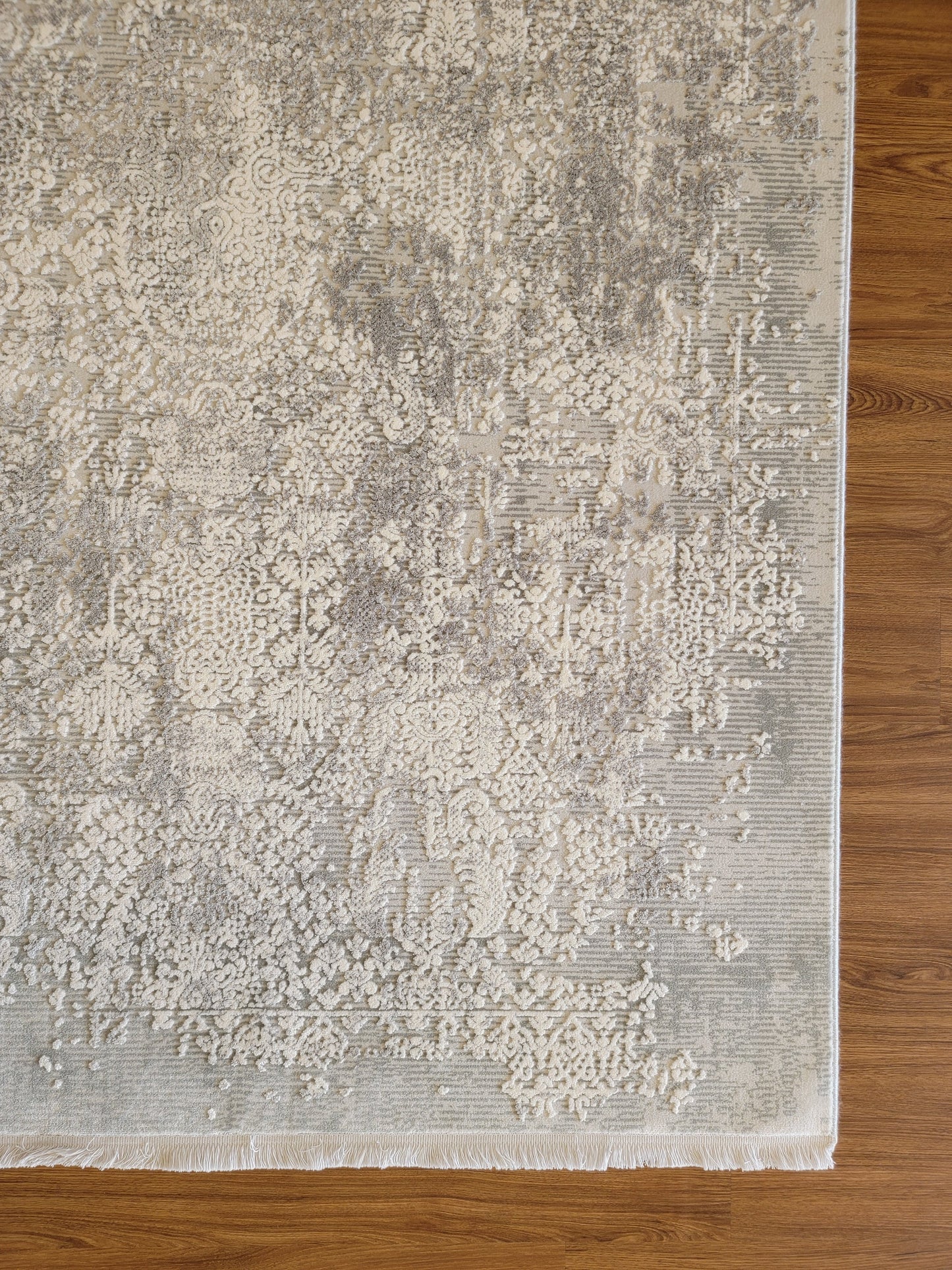 Maxim Damask Area Rug. White, Ash Gray, and Dim Gray