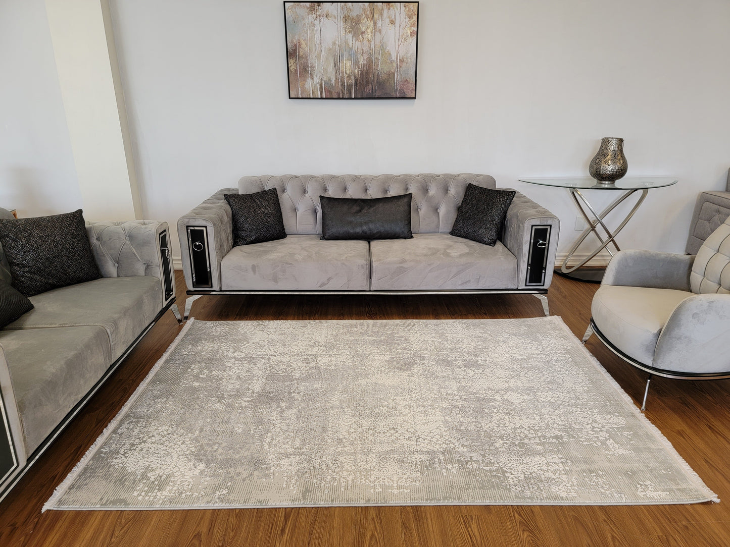 Maxim Damask Area Rug. White, Ash Gray, and Dim Gray
