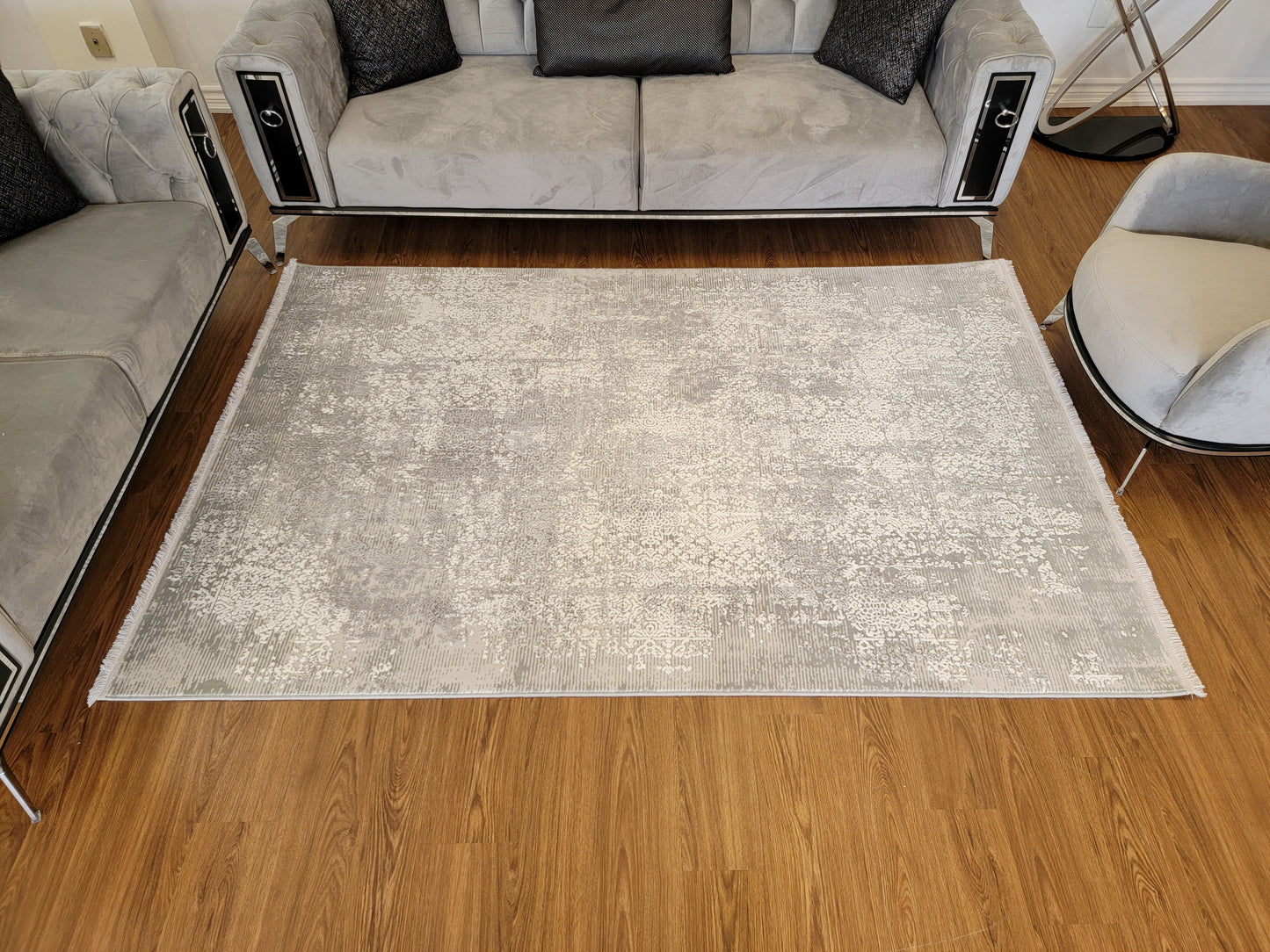 Maxim Damask Area Rug. White, Ash Gray, and Dim Gray