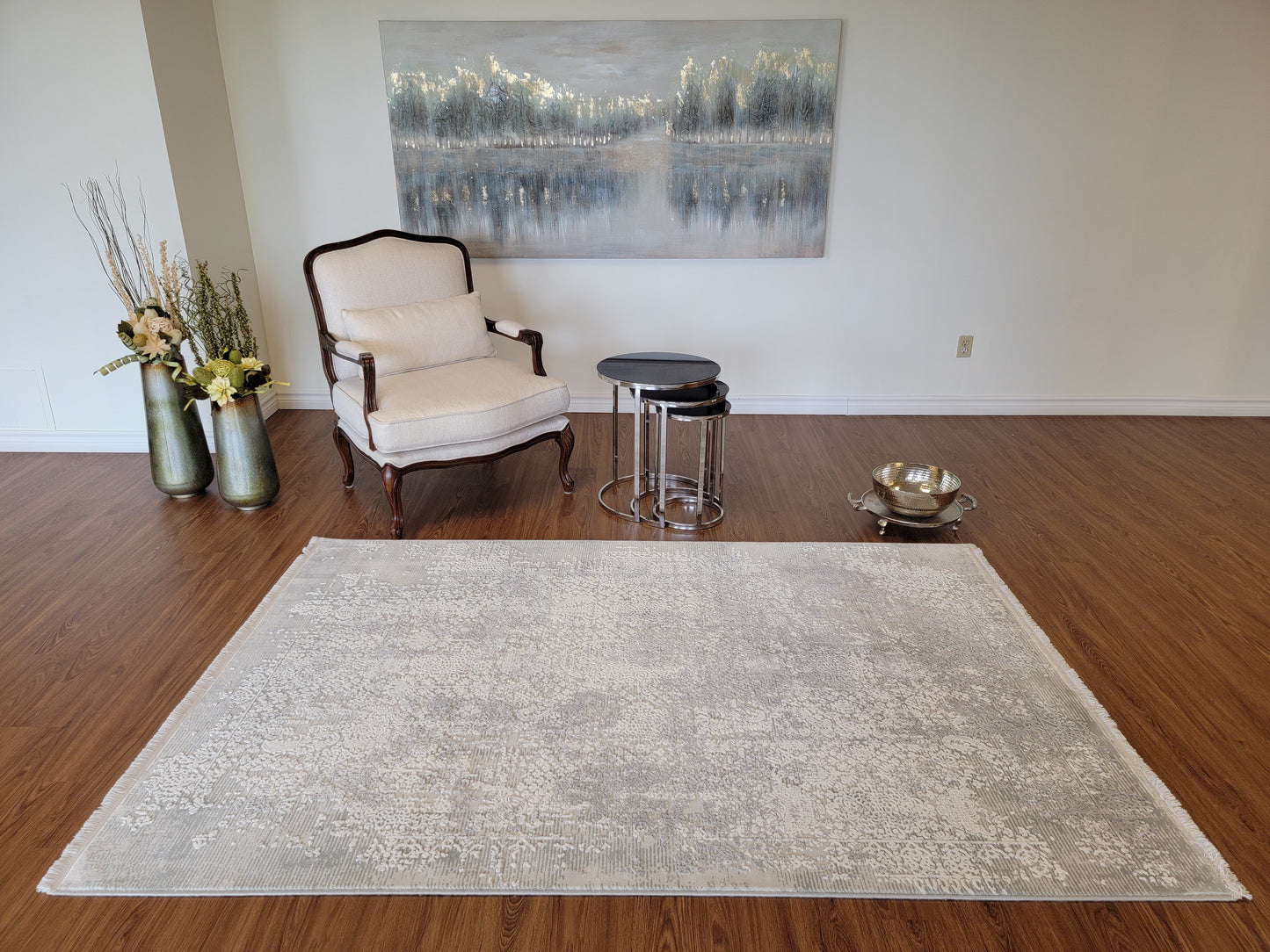 Maxim Damask Area Rug. White, Ash Gray, and Dim Gray