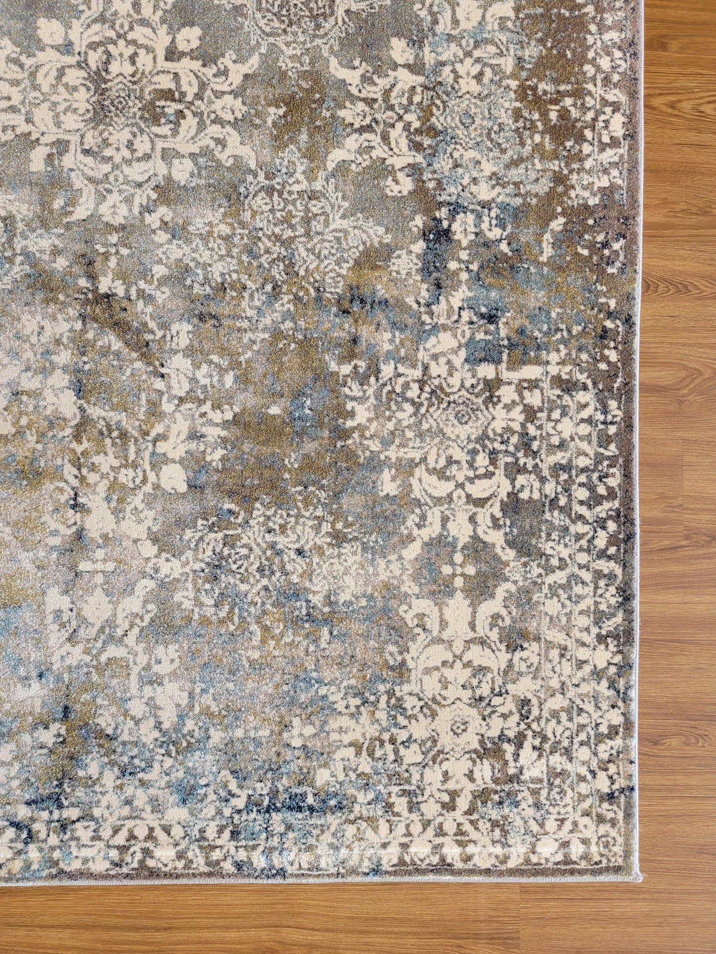 Olimpos Damask Area Rug. Eastern Blue, Golden Brown, and White