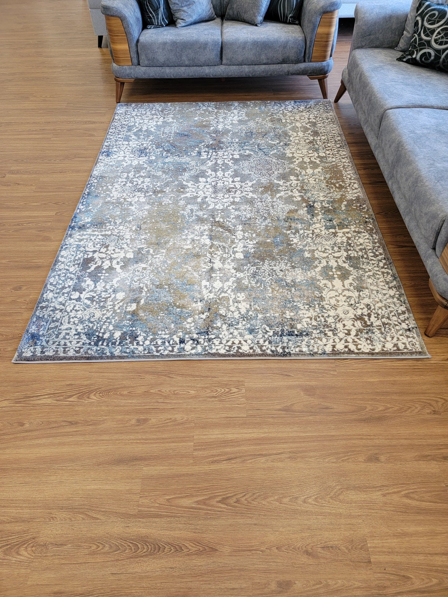 Olimpos Damask Area Rug. Eastern Blue, Golden Brown, and White
