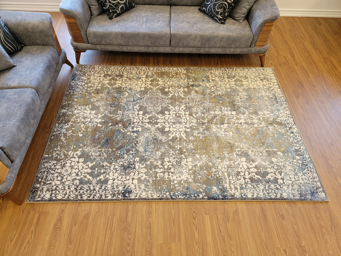 Olimpos Damask Area Rug. Eastern Blue, Golden Brown, and White