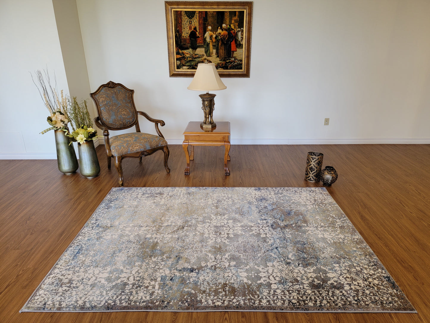 Olimpos Damask Area Rug. Eastern Blue, Golden Brown, and White