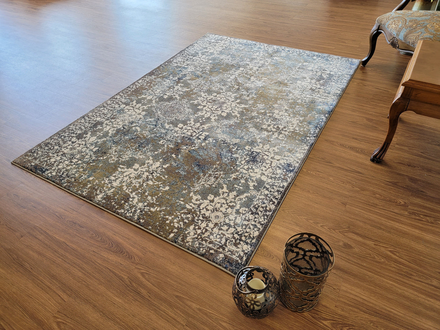 Olimpos Damask Area Rug. Eastern Blue, Golden Brown, and White